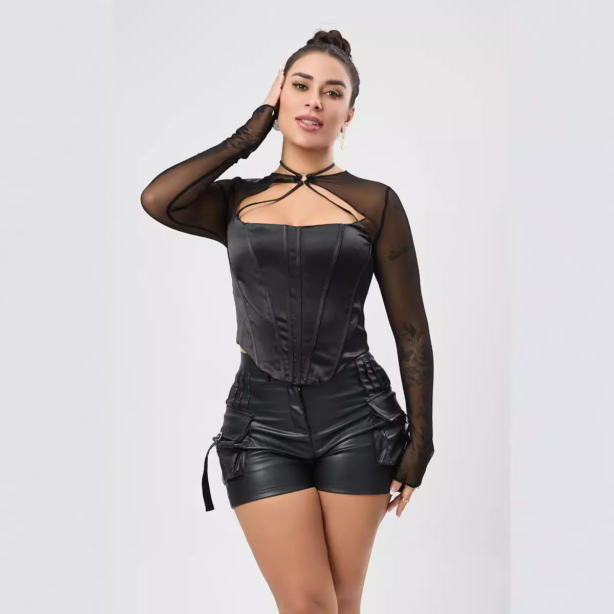 Club Wear Micro Elastic Satin Mesh Stitching Bone Hollow Out Cutout Zipper Sexy Short Top Bella Mia